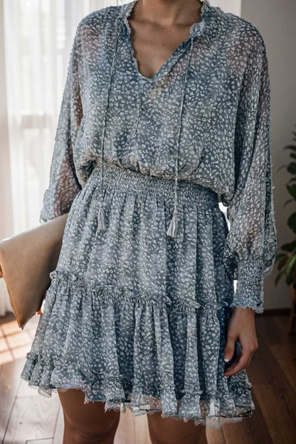 loose leopard print v neck dress drop shoulder a line closed cape paneled 130291