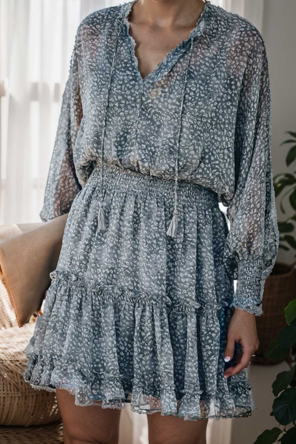 loose leopard print v neck dress drop shoulder a line closed cape paneled 138039