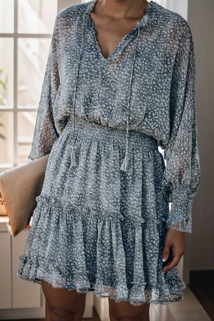 loose leopard print v neck dress drop shoulder a line closed cape paneled 109374