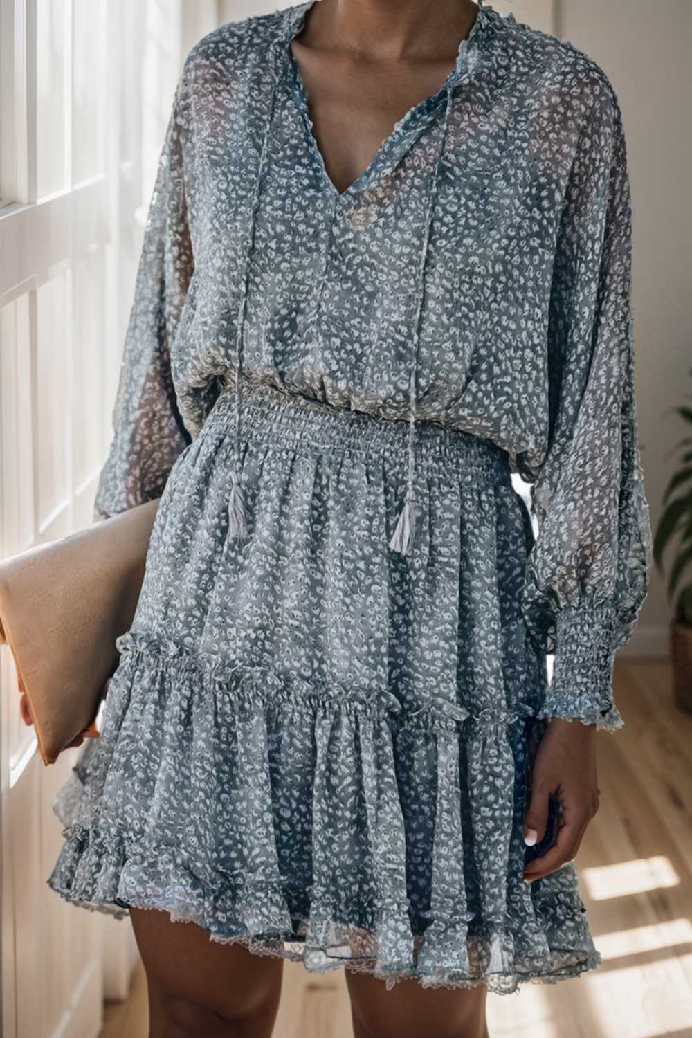 loose leopard print v neck dress drop shoulder a line closed cape paneled 131726