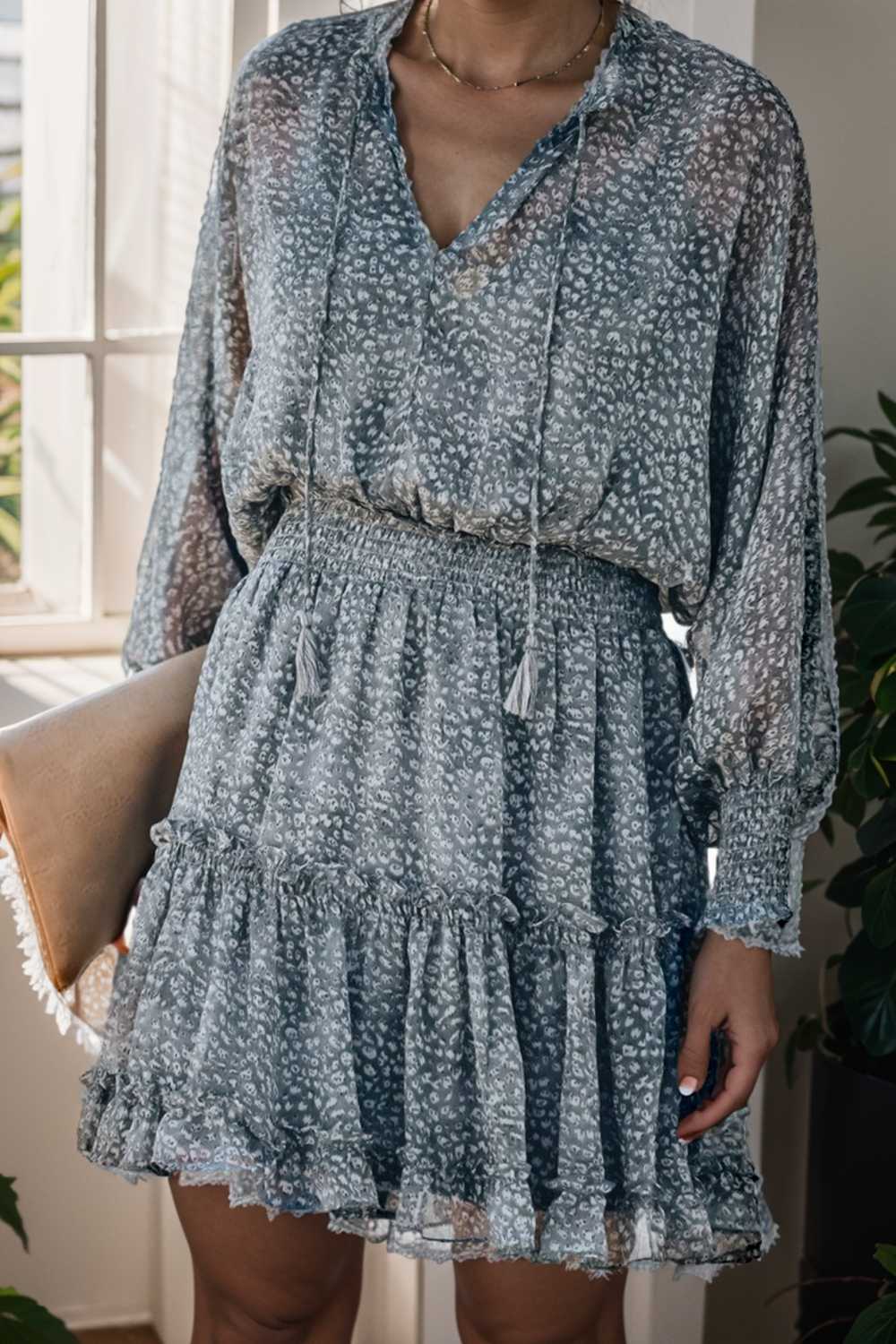 loose leopard print v neck dress drop shoulder a line closed cape paneled 108946