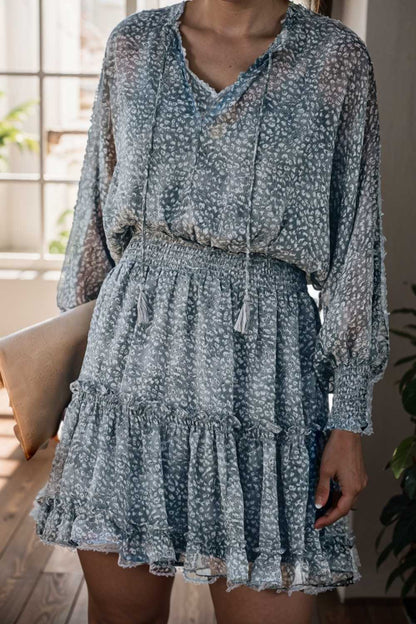 loose leopard print v neck dress drop shoulder a line closed cape paneled 130288