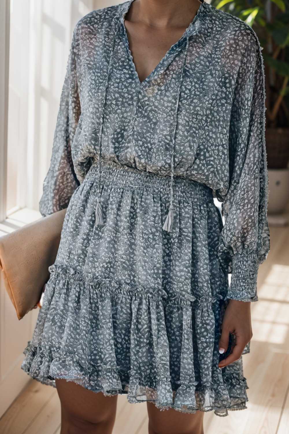 loose leopard print v neck dress drop shoulder a line closed cape paneled 108944
