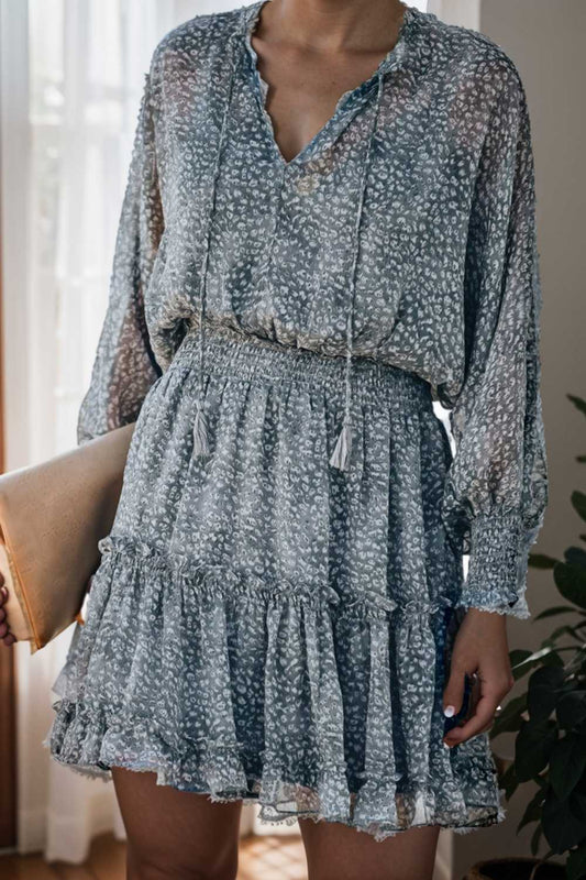 loose leopard print v neck dress drop shoulder a line closed cape paneled 108942