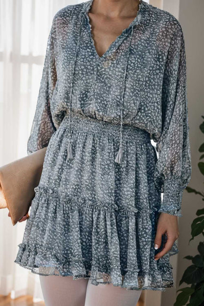 loose leopard print v neck dress drop shoulder a line closed cape paneled 108931