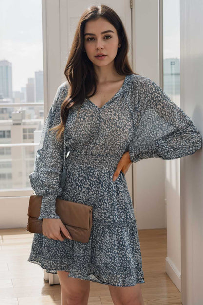 loose leopard print v neck dress drop shoulder a line closed cape paneled 108929