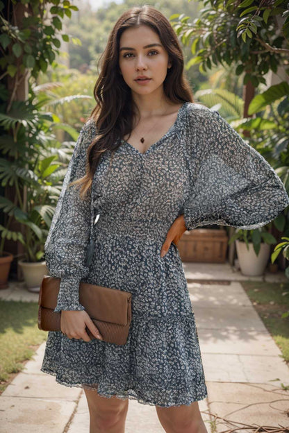 loose leopard print v neck dress drop shoulder a line closed cape paneled 111565
