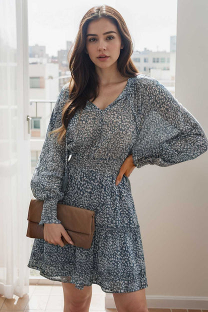 loose leopard print v neck dress drop shoulder a line closed cape paneled 136556
