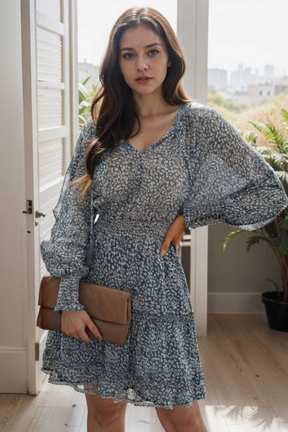 loose leopard print v neck dress drop shoulder a line closed cape paneled 131159