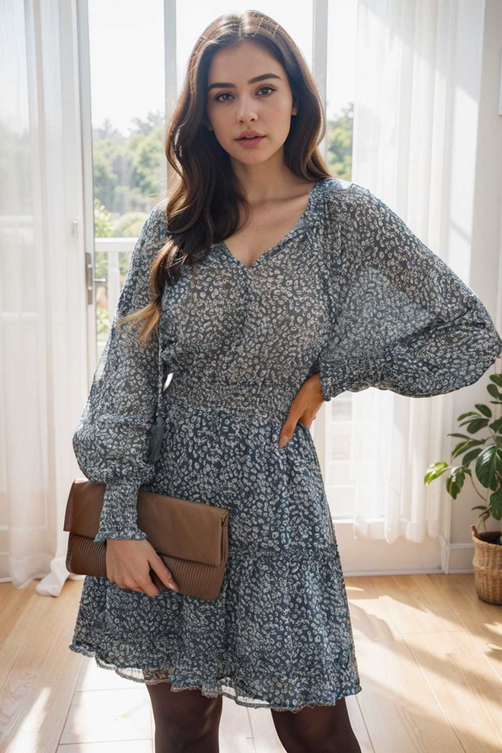 loose leopard print v neck dress drop shoulder a line closed cape paneled 131725