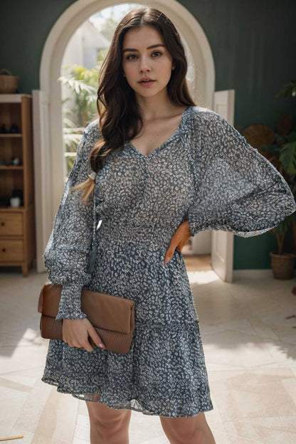 loose leopard print v neck dress drop shoulder a line closed cape paneled 138033