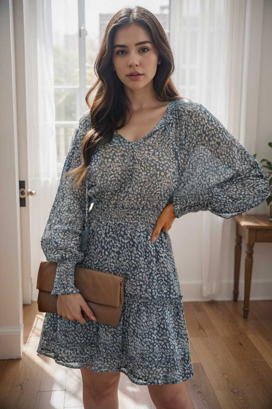 loose leopard print v neck dress drop shoulder a line closed cape paneled 126102