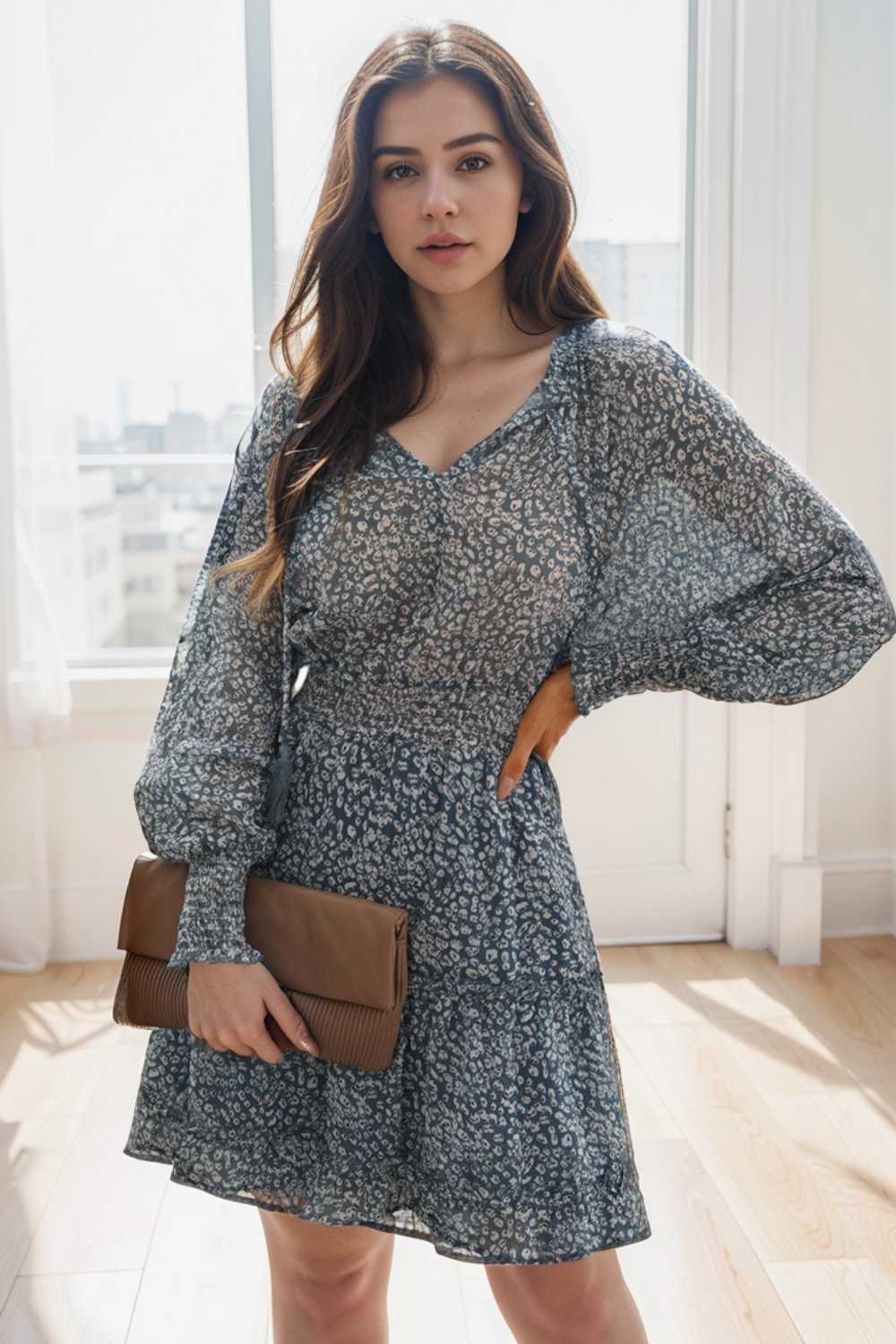 loose leopard print v neck dress drop shoulder a line closed cape paneled 126167