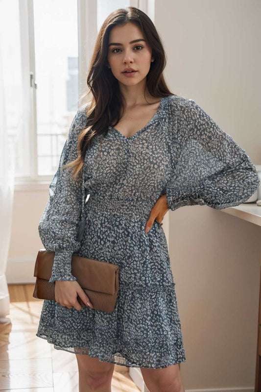 loose leopard print v neck dress drop shoulder a line closed cape paneled 141766