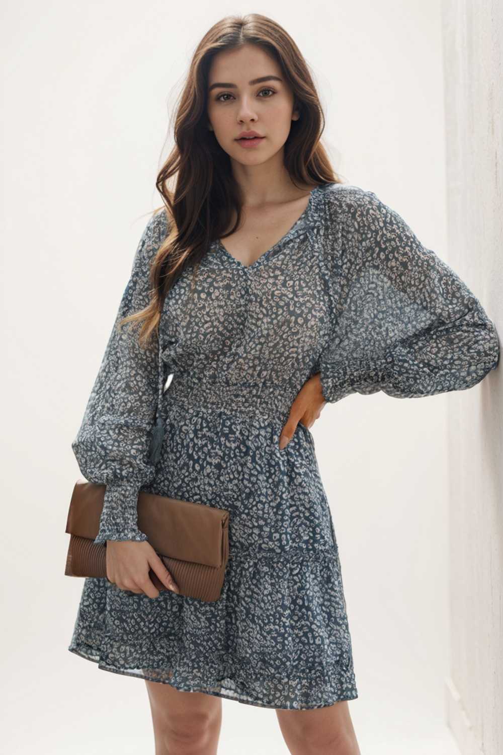 loose leopard print v neck dress drop shoulder a line closed cape paneled 108928