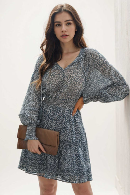 loose leopard print v neck dress drop shoulder a line closed cape paneled 108928