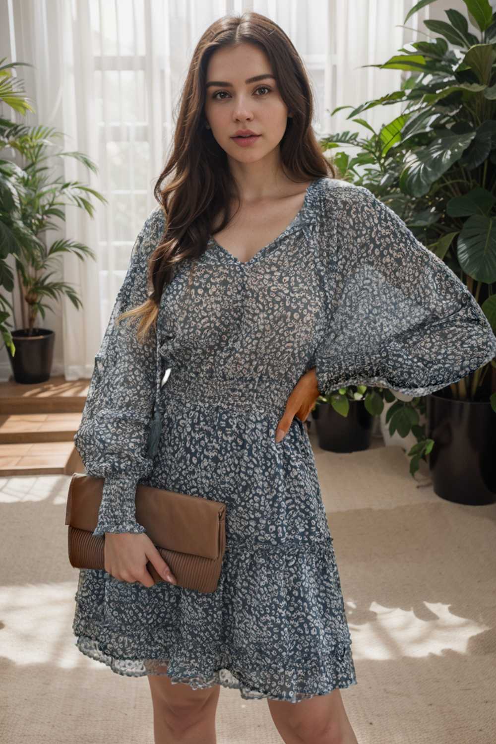 loose leopard print v neck dress drop shoulder a line closed cape paneled 131723