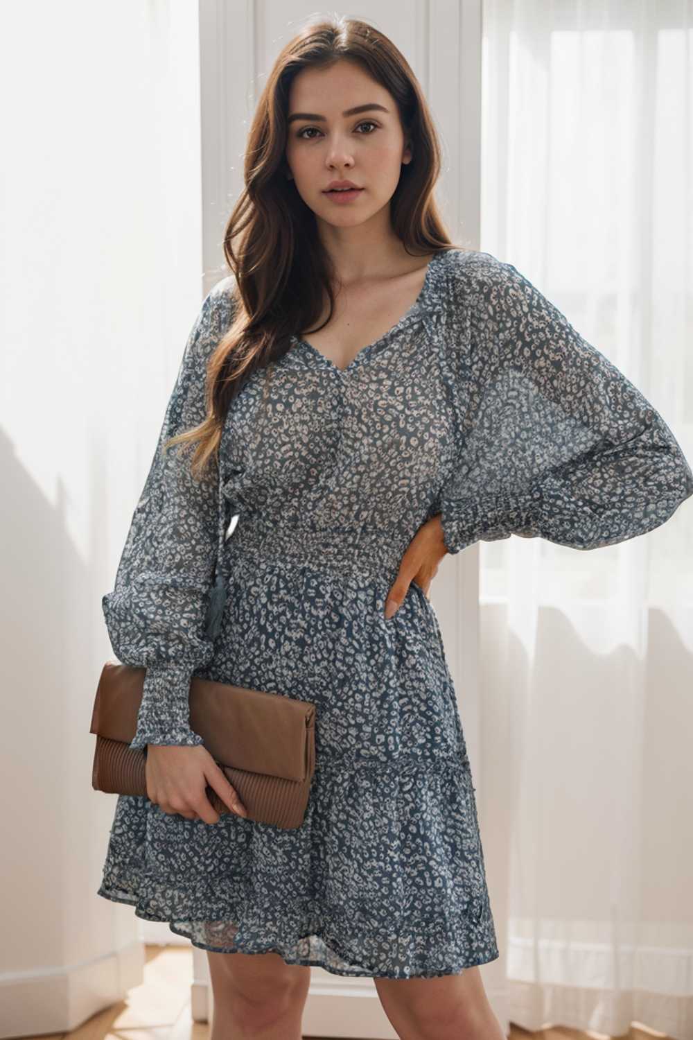 loose leopard print v neck dress drop shoulder a line closed cape paneled 138031