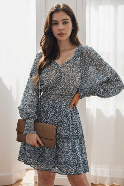 loose leopard print v neck dress drop shoulder a line closed cape paneled 138031