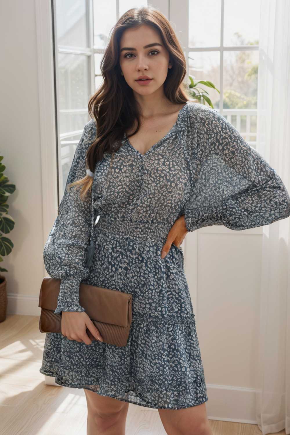 loose leopard print v neck dress drop shoulder a line closed cape paneled 108927