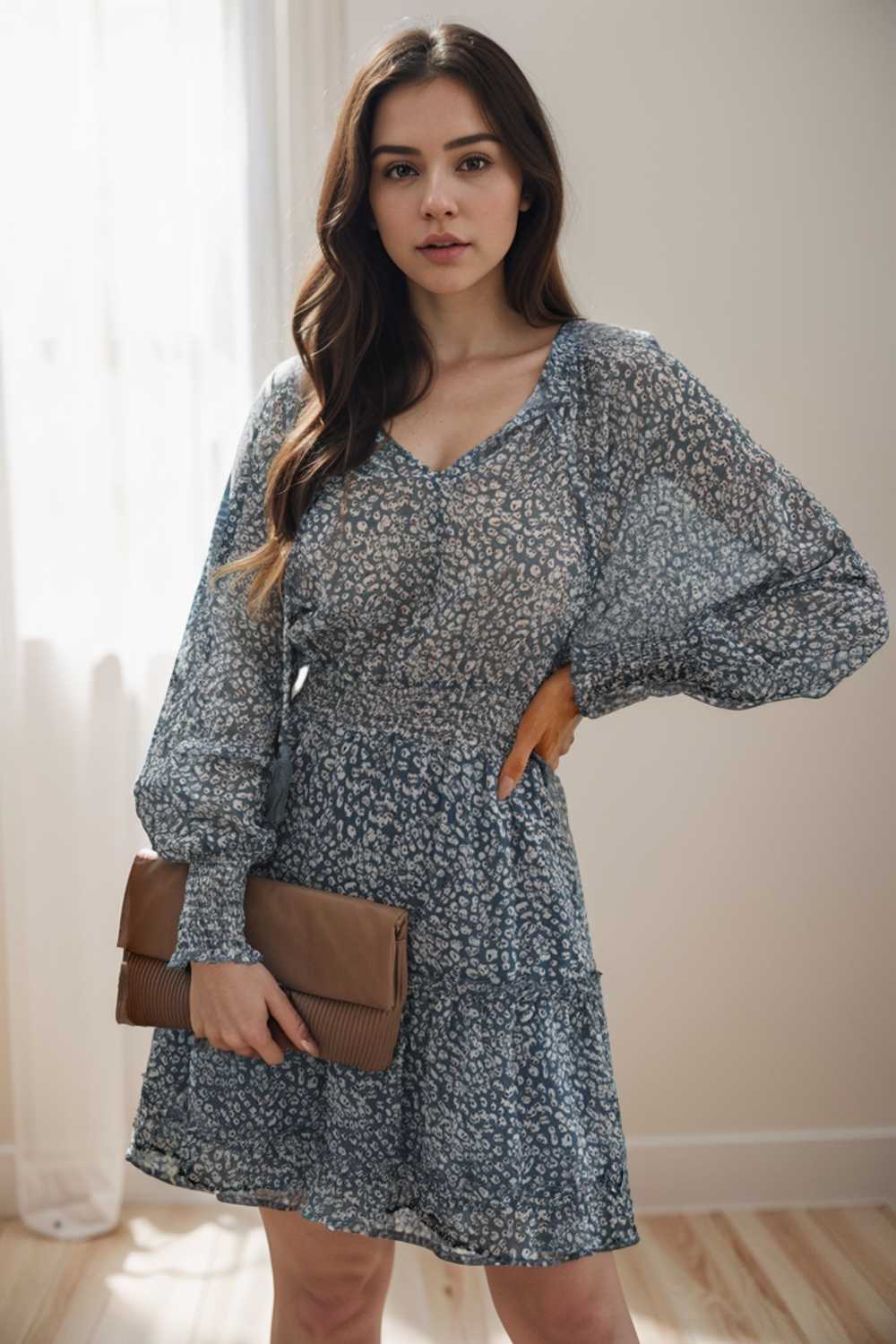 loose leopard print v neck dress drop shoulder a line closed cape paneled 108926