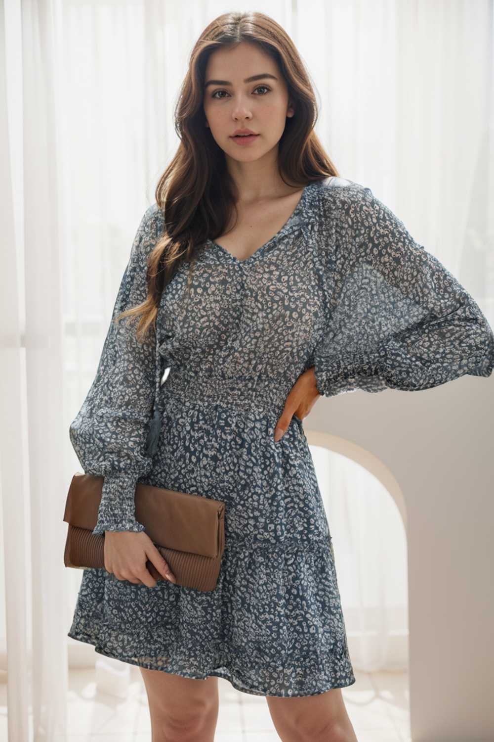loose leopard print v neck dress drop shoulder a line closed cape paneled 108925