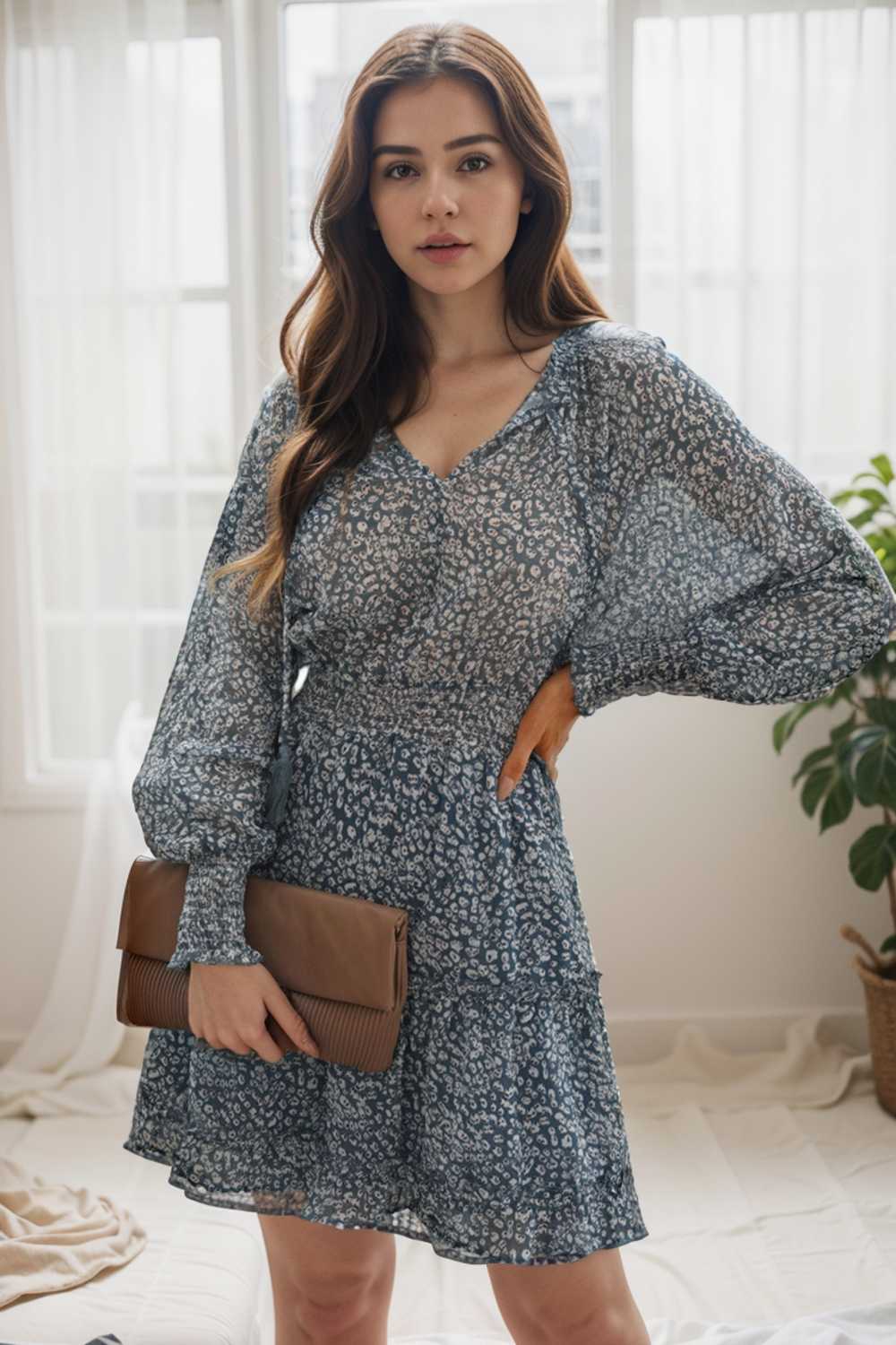 loose leopard print v neck dress drop shoulder a line closed cape paneled 108924