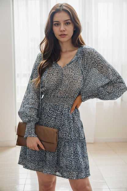 loose leopard print v neck dress drop shoulder a line closed cape paneled 130281