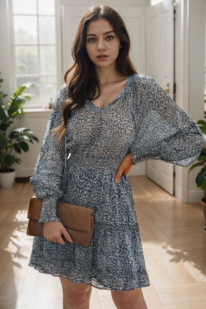 loose leopard print v neck dress drop shoulder a line closed cape paneled 116506