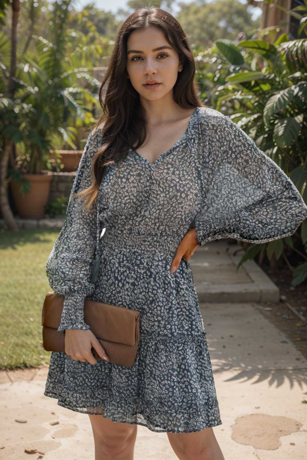 loose leopard print v neck dress drop shoulder a line closed cape paneled 108923