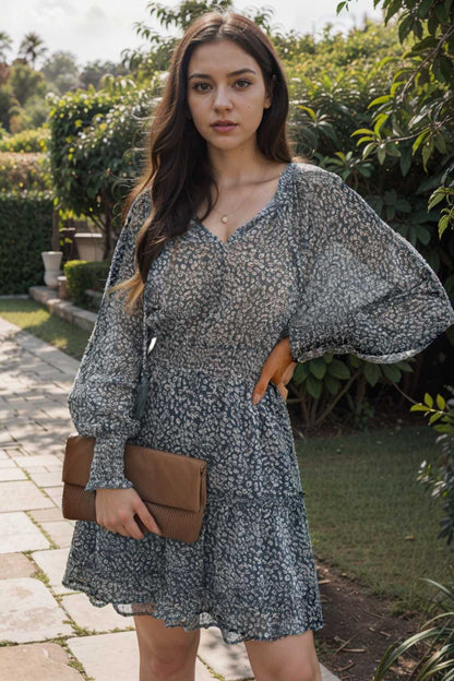 loose leopard print v neck dress drop shoulder a line closed cape paneled 130280