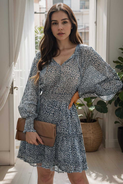 loose leopard print v neck dress drop shoulder a line closed cape paneled 138026