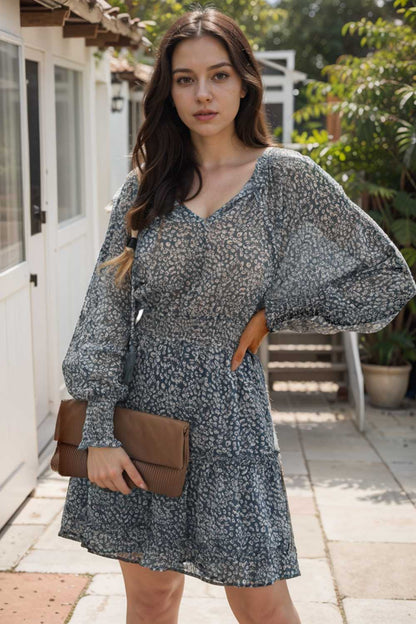 loose leopard print v neck dress drop shoulder a line closed cape paneled 116505