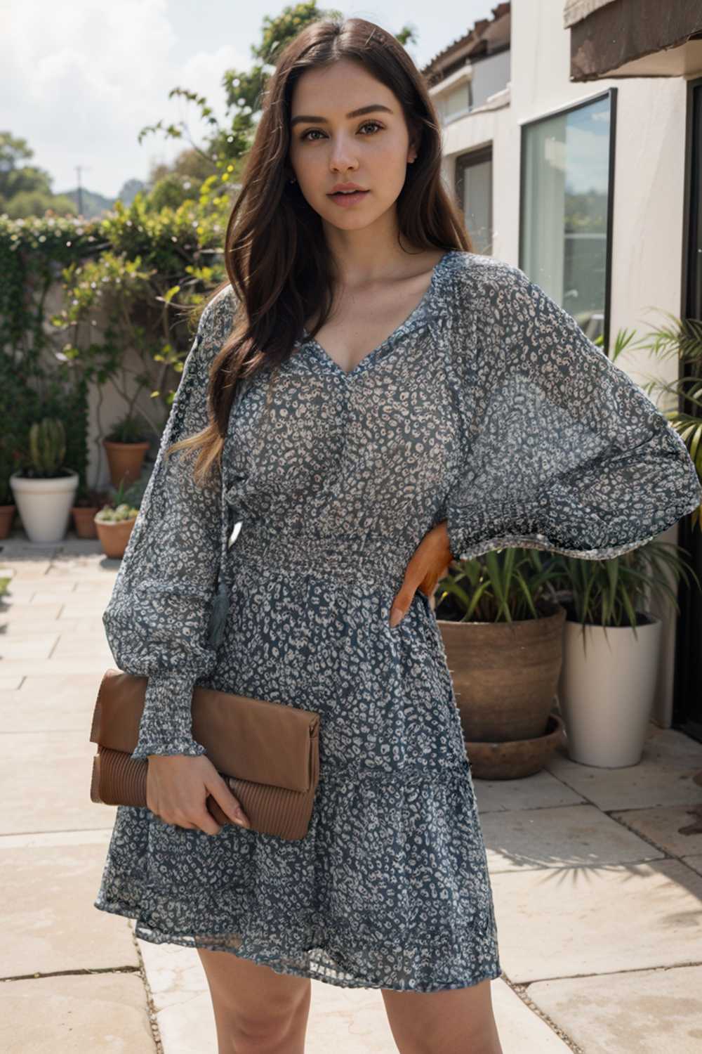 loose leopard print v neck dress drop shoulder a line closed cape paneled 108922