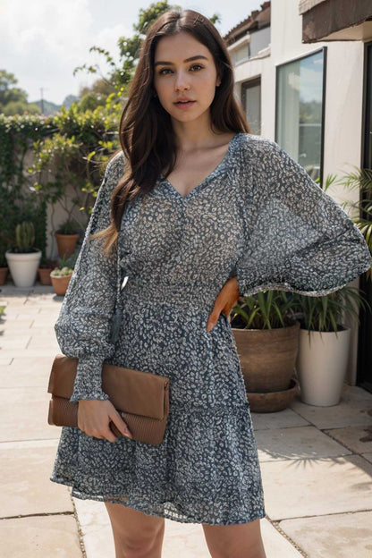loose leopard print v neck dress drop shoulder a line closed cape paneled 108922