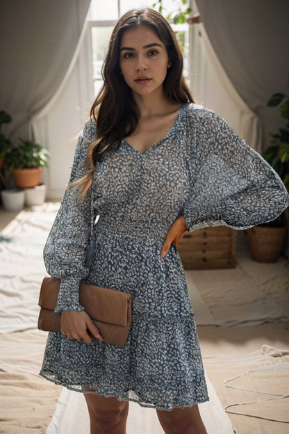 loose leopard print v neck dress drop shoulder a line closed cape paneled 125692