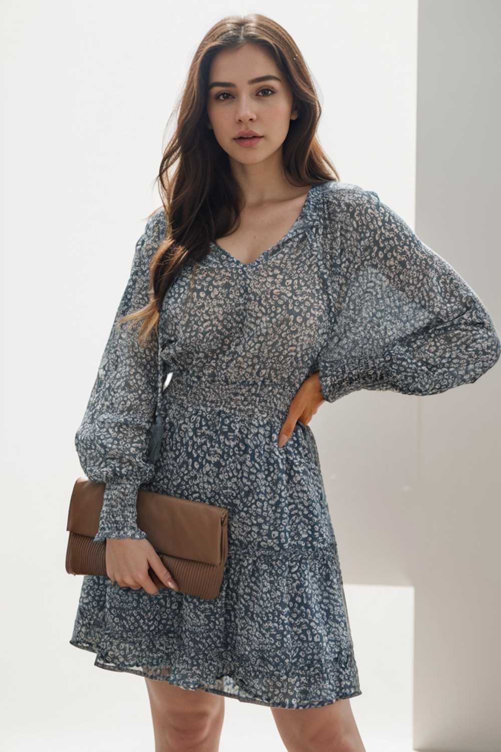loose leopard print v neck dress drop shoulder a line closed cape paneled 108921