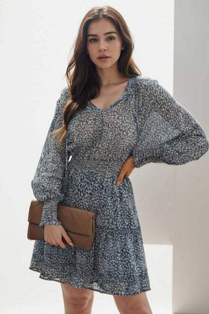 loose leopard print v neck dress drop shoulder a line closed cape paneled 108921