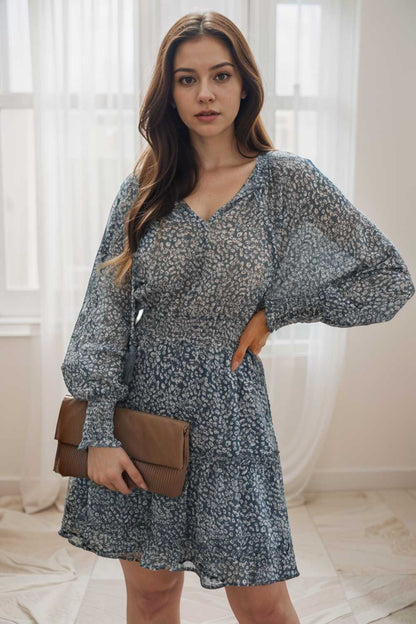 loose leopard print v neck dress drop shoulder a line closed cape paneled 130279