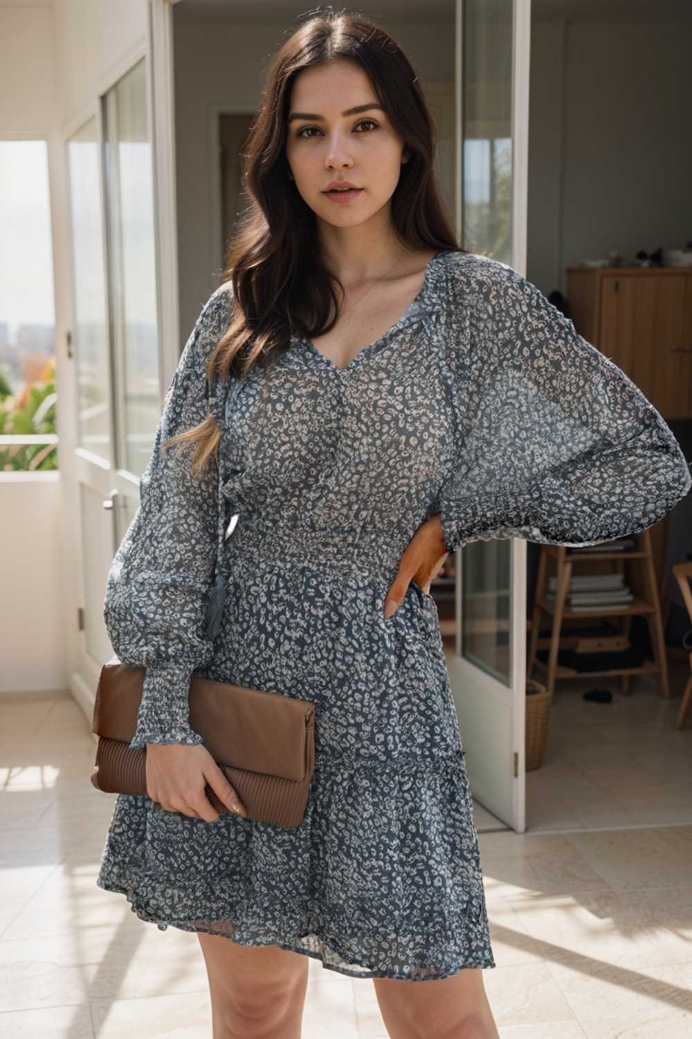 loose leopard print v neck dress drop shoulder a line closed cape paneled 108920