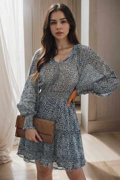 loose leopard print v neck dress drop shoulder a line closed cape paneled 138023