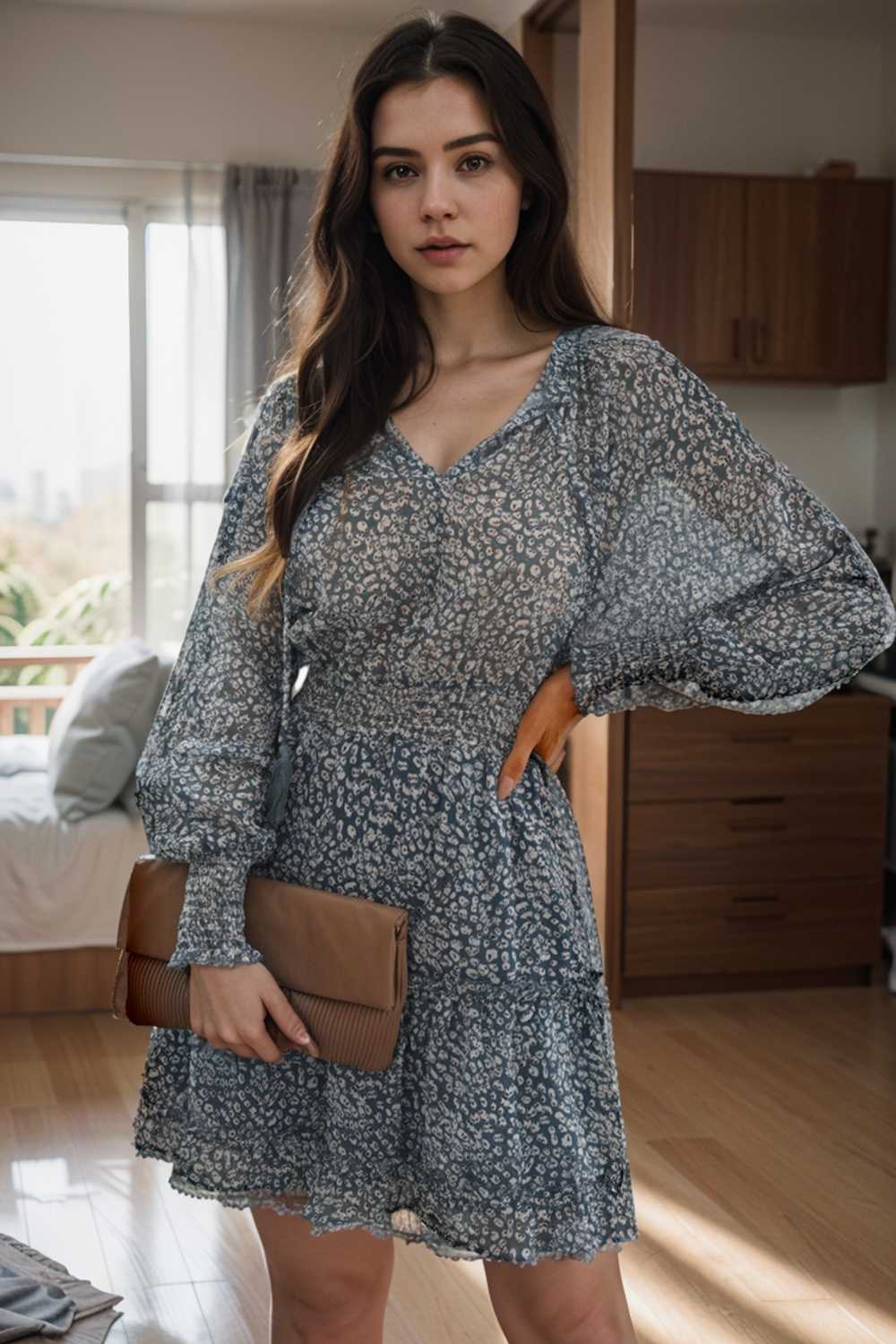 loose leopard print v neck dress drop shoulder a line closed cape paneled 108919