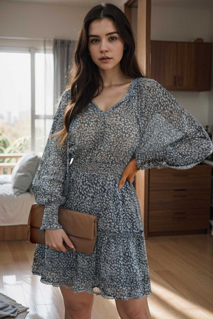 loose leopard print v neck dress drop shoulder a line closed cape paneled 108919