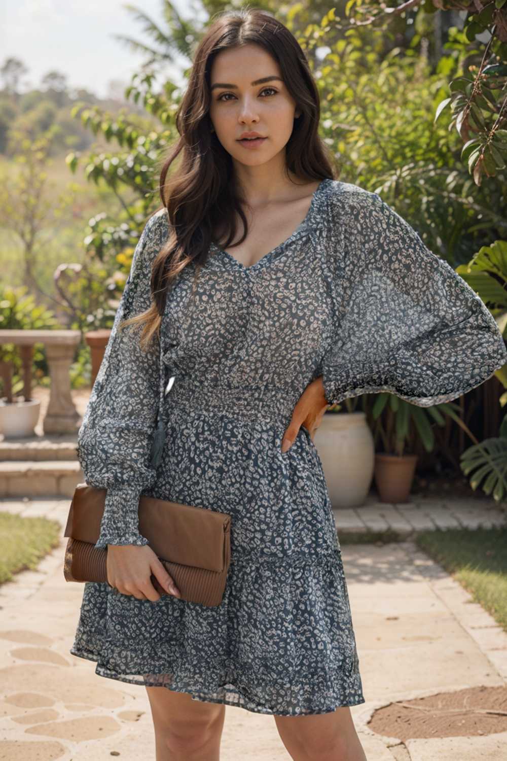 loose leopard print v neck dress drop shoulder a line closed cape paneled 108918