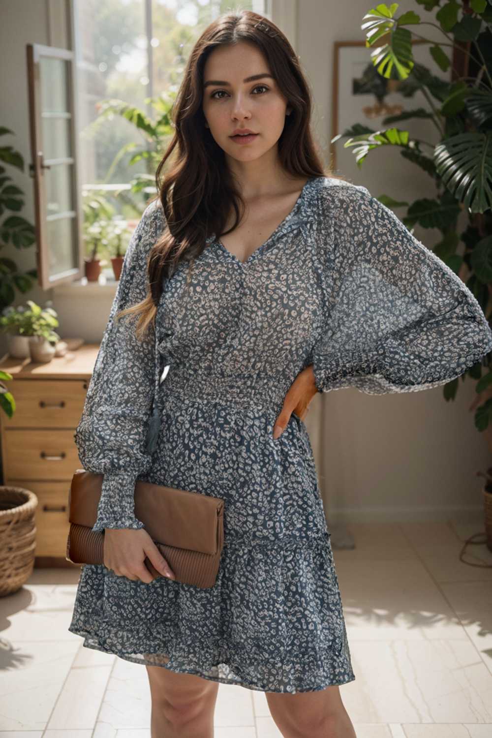 loose leopard print v neck dress drop shoulder a line closed cape paneled 108916