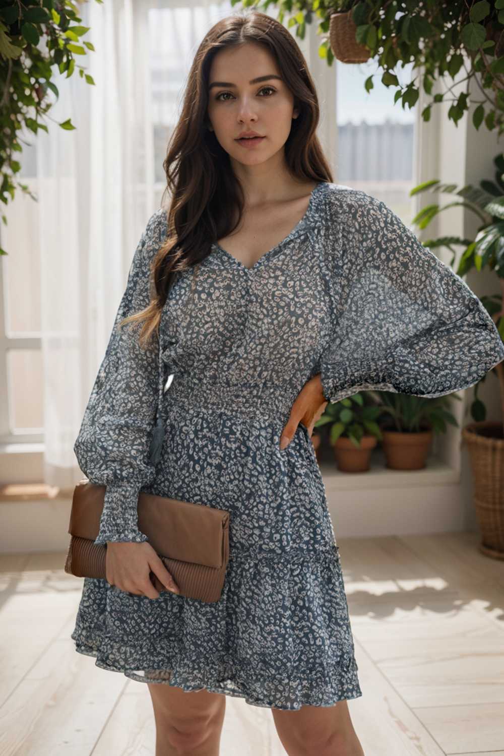 loose leopard print v neck dress drop shoulder a line closed cape paneled 108915