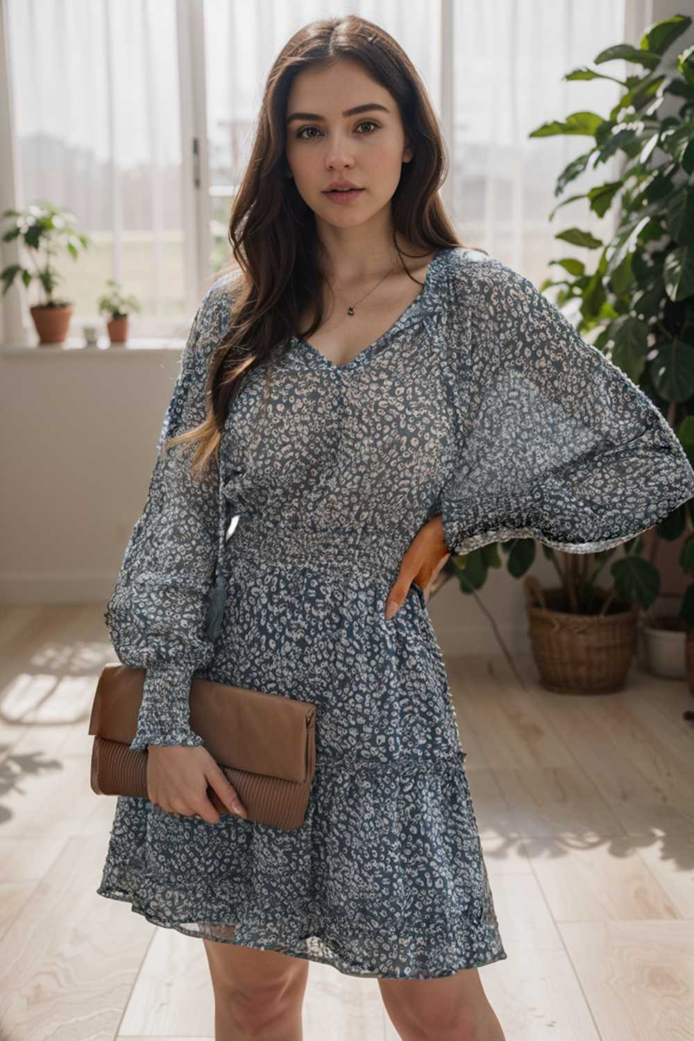 loose leopard print v neck dress drop shoulder a line closed cape paneled 108914