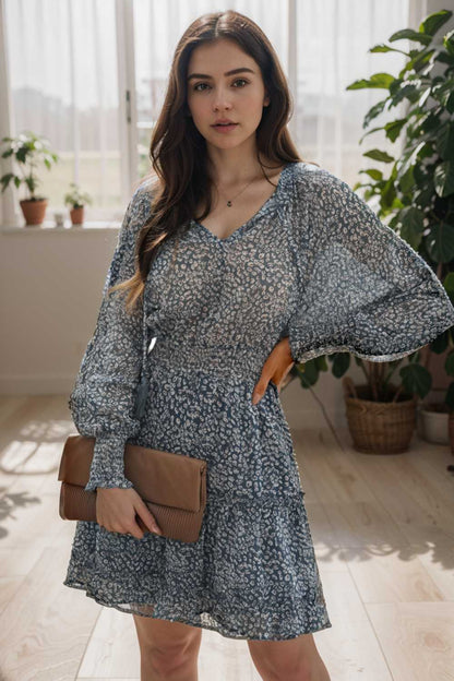loose leopard print v neck dress drop shoulder a line closed cape paneled 108914