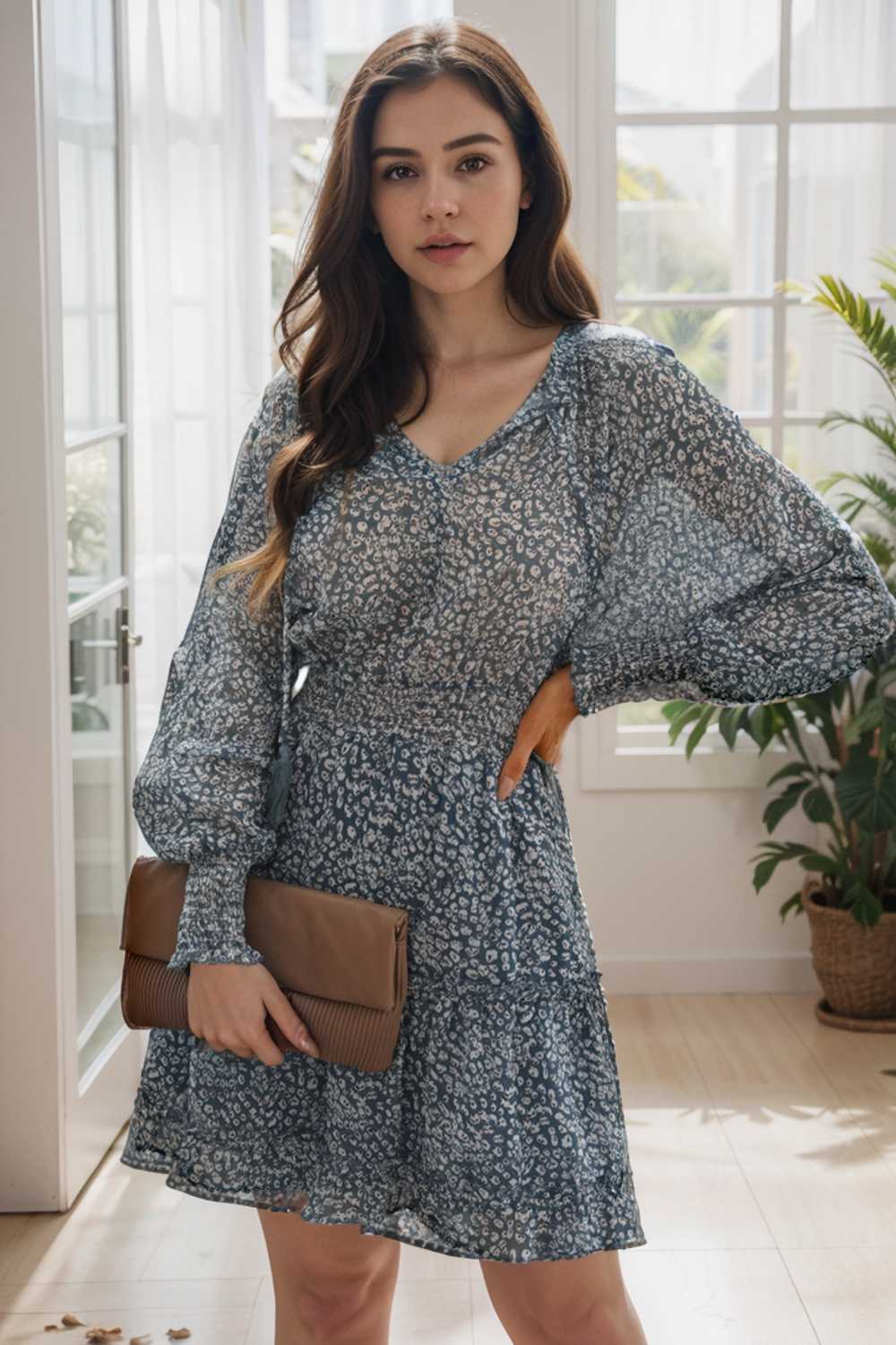 loose leopard print v neck dress drop shoulder a line closed cape paneled 108913