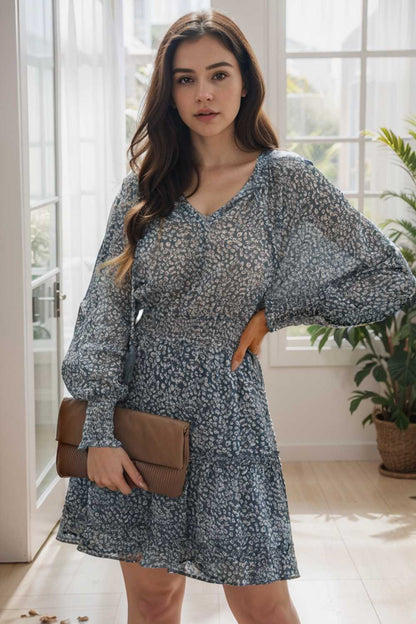 loose leopard print v neck dress drop shoulder a line closed cape paneled 108913
